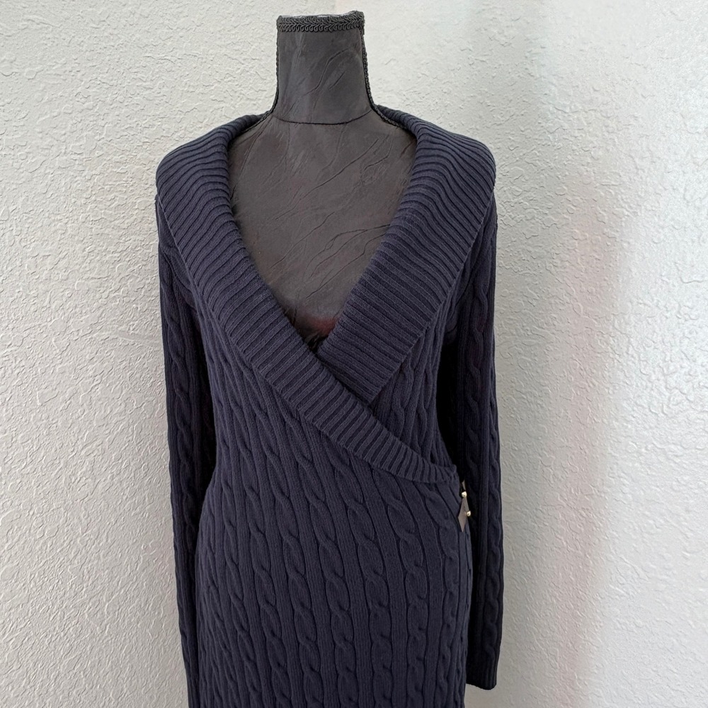 Lauren Ralph Lauren Cable Knit Wrap Dress, Womens Large Navy Blue - Picture 12 of 15